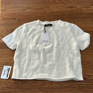 Olivaceous Fuzzy Short Sleeve Sweater Crop Top Ivory - size S